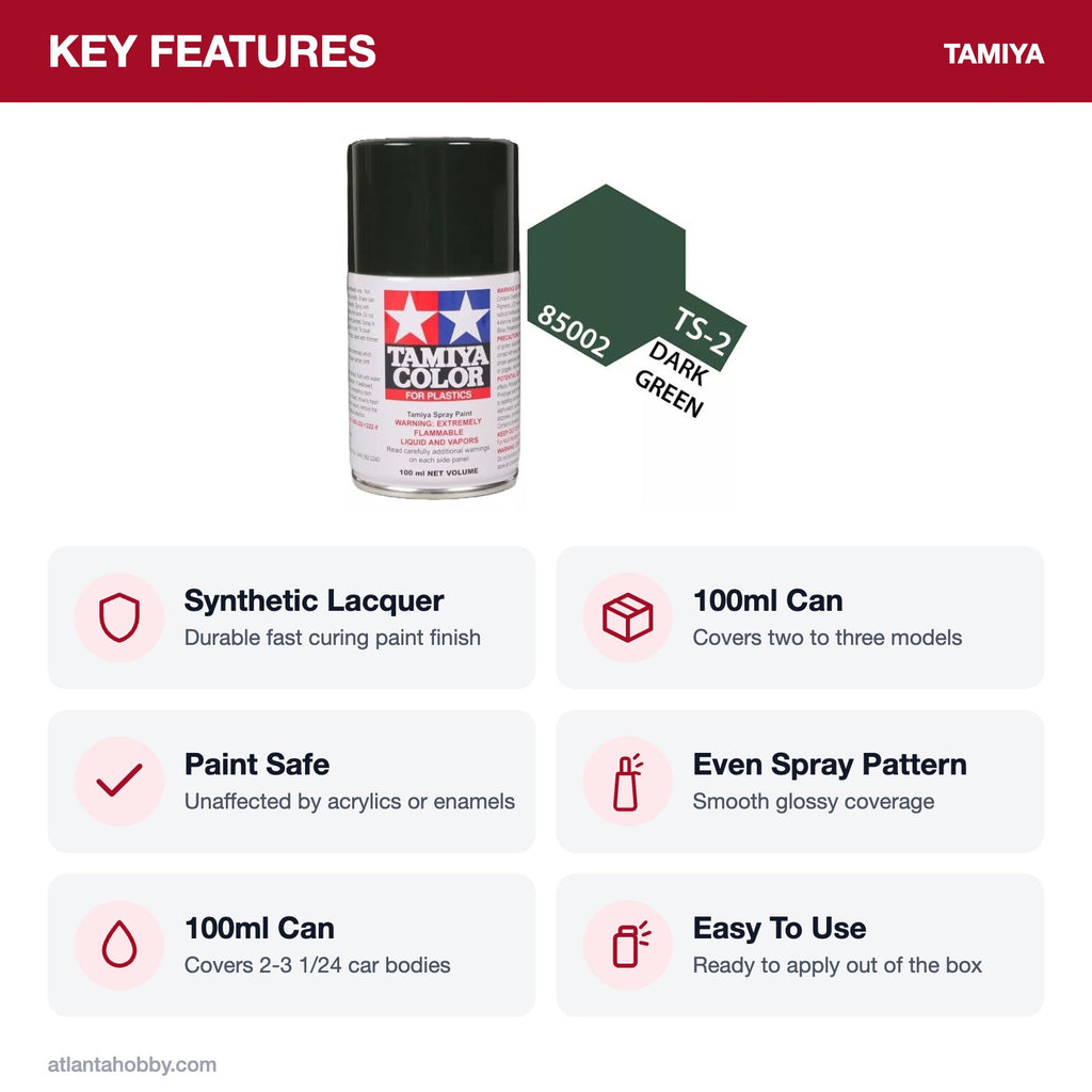 Tamiya TS-2 Dark Green Lacquer Spray Paint, 100ml key features