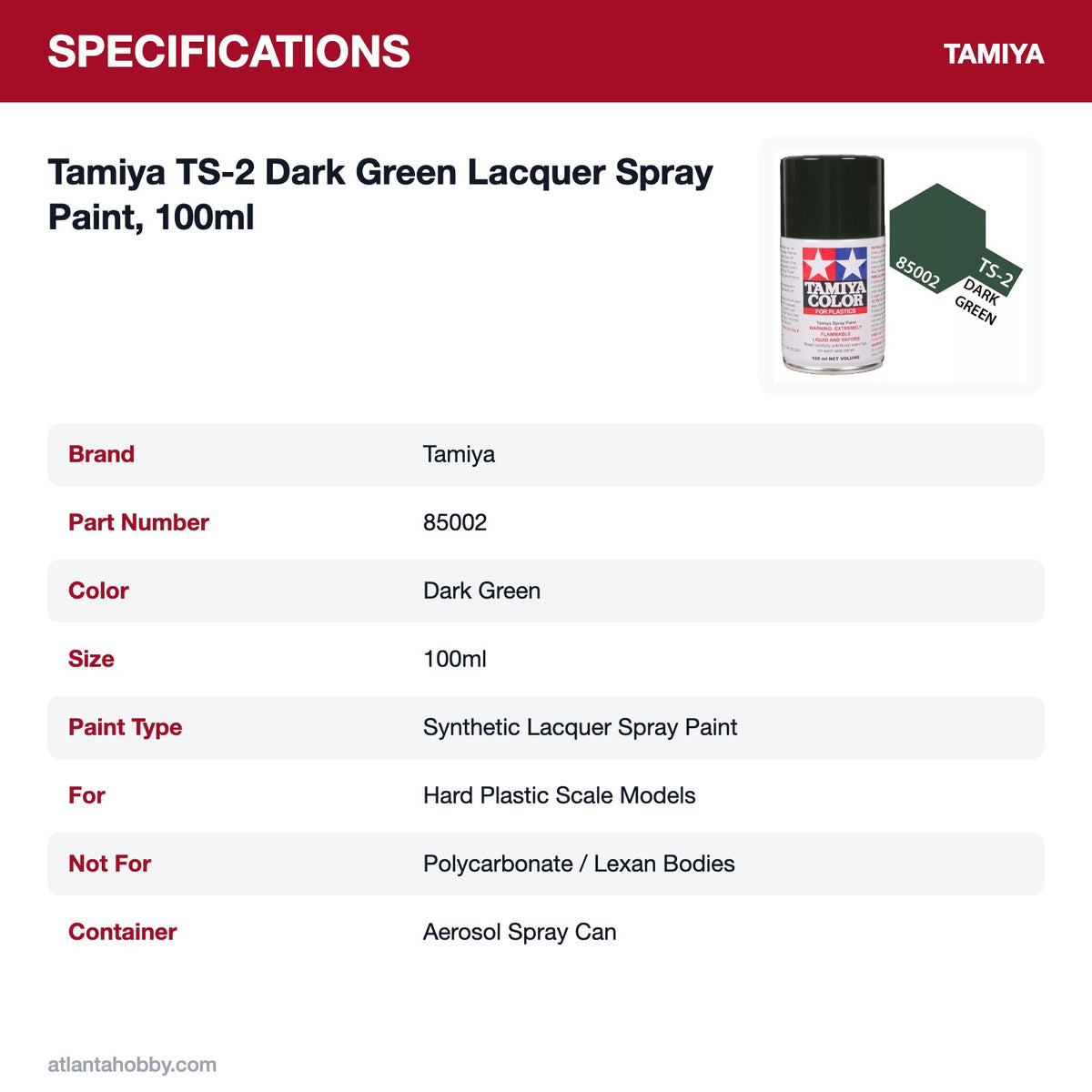 Tamiya TS-2 Dark Green Lacquer Spray Paint, 100ml specifications