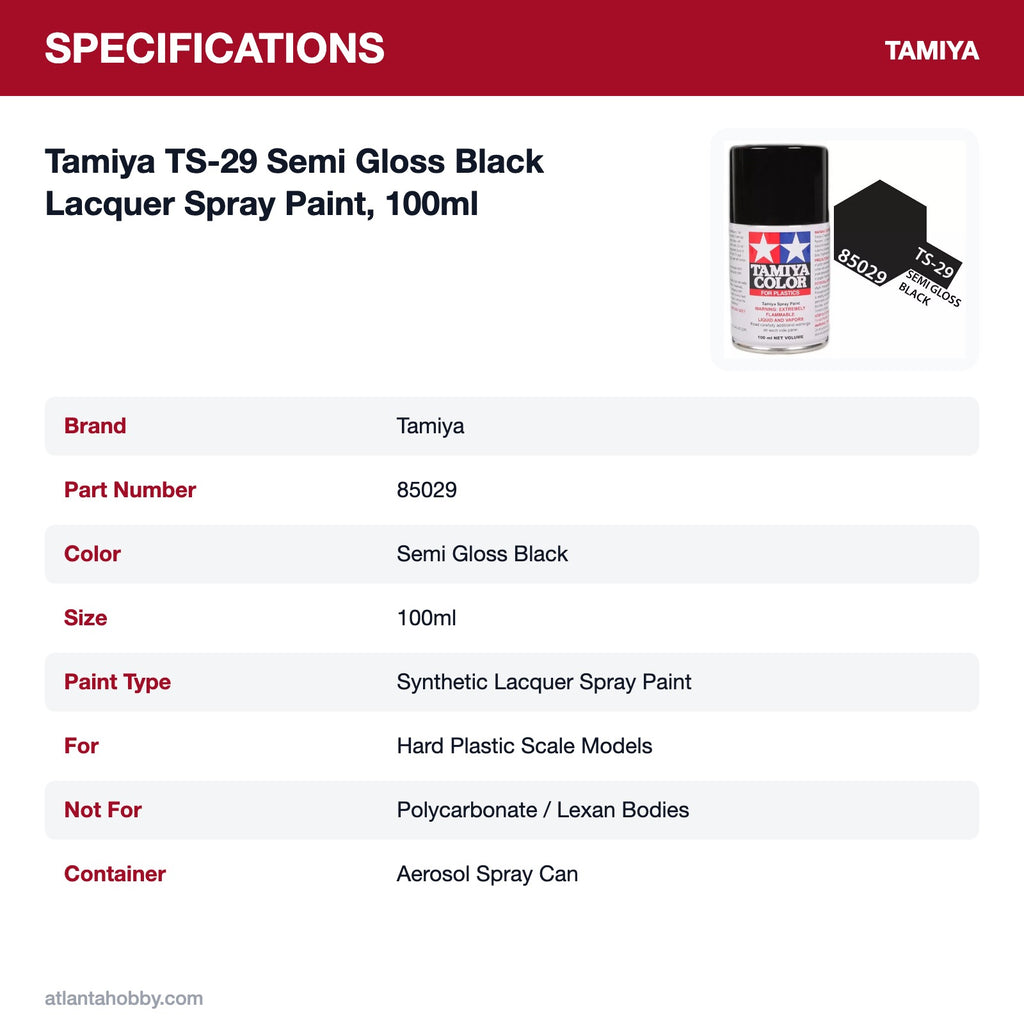 Tamiya TS-29 Semi Gloss Black Lacquer Spray Paint, 100ml specifications