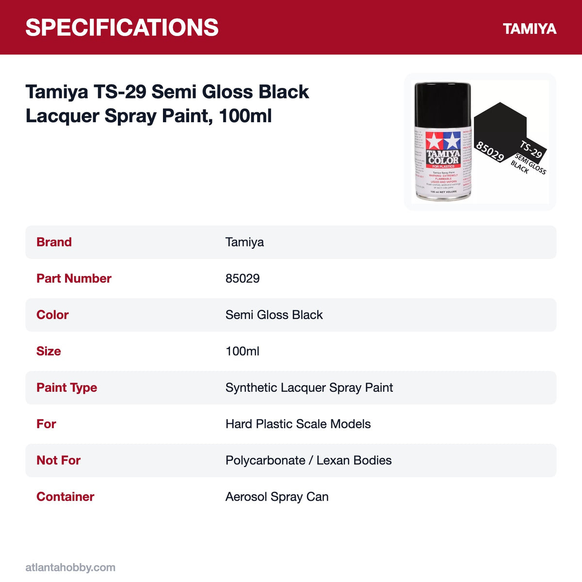 Tamiya TS-29 Semi Gloss Black Lacquer Spray Paint, 100ml specifications