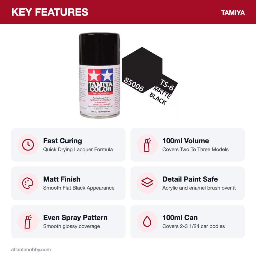 Tamiya TS-6 Matt Black Lacquer Spray Paint, 100ml key features