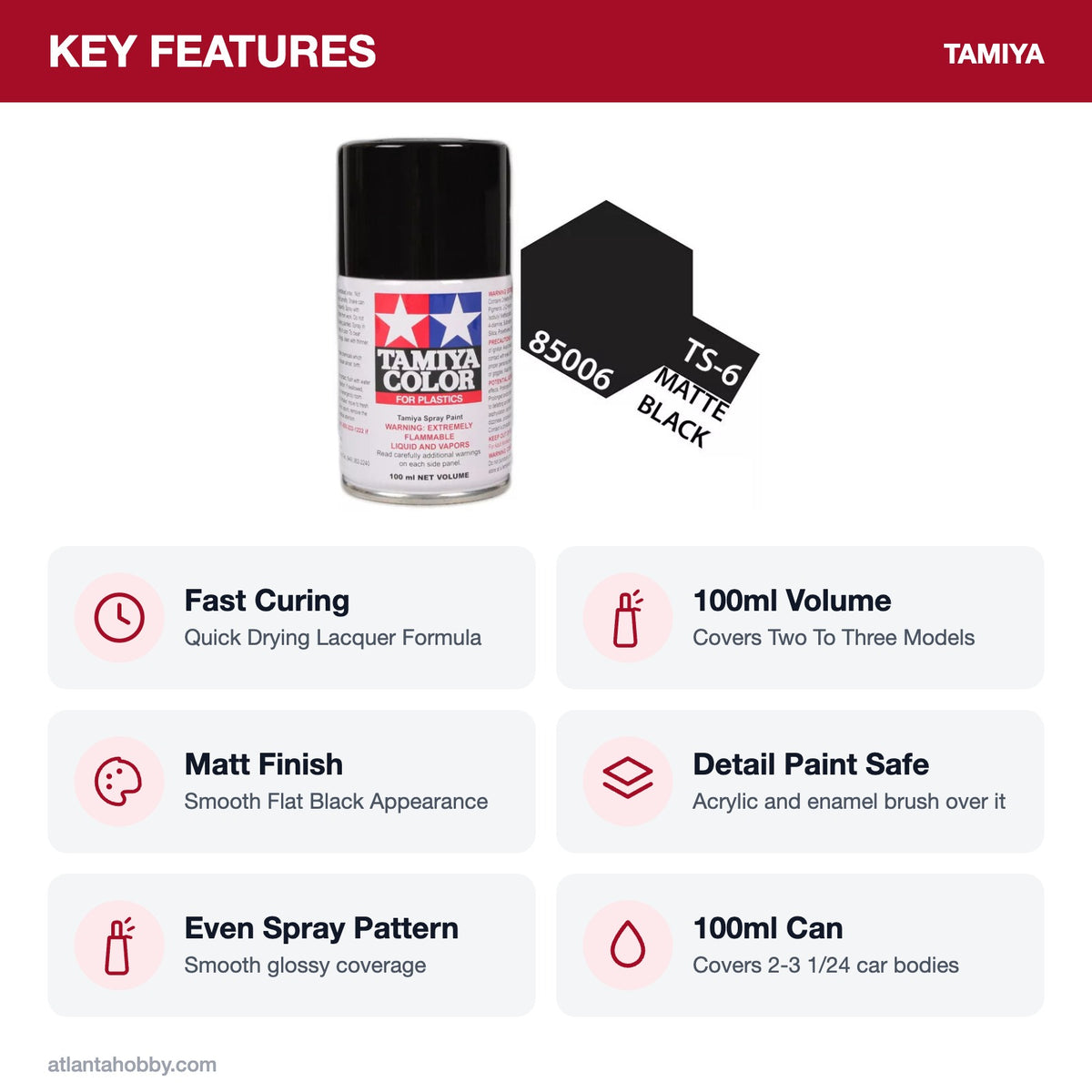 Tamiya TS-6 Matt Black Lacquer Spray Paint, 100ml key features