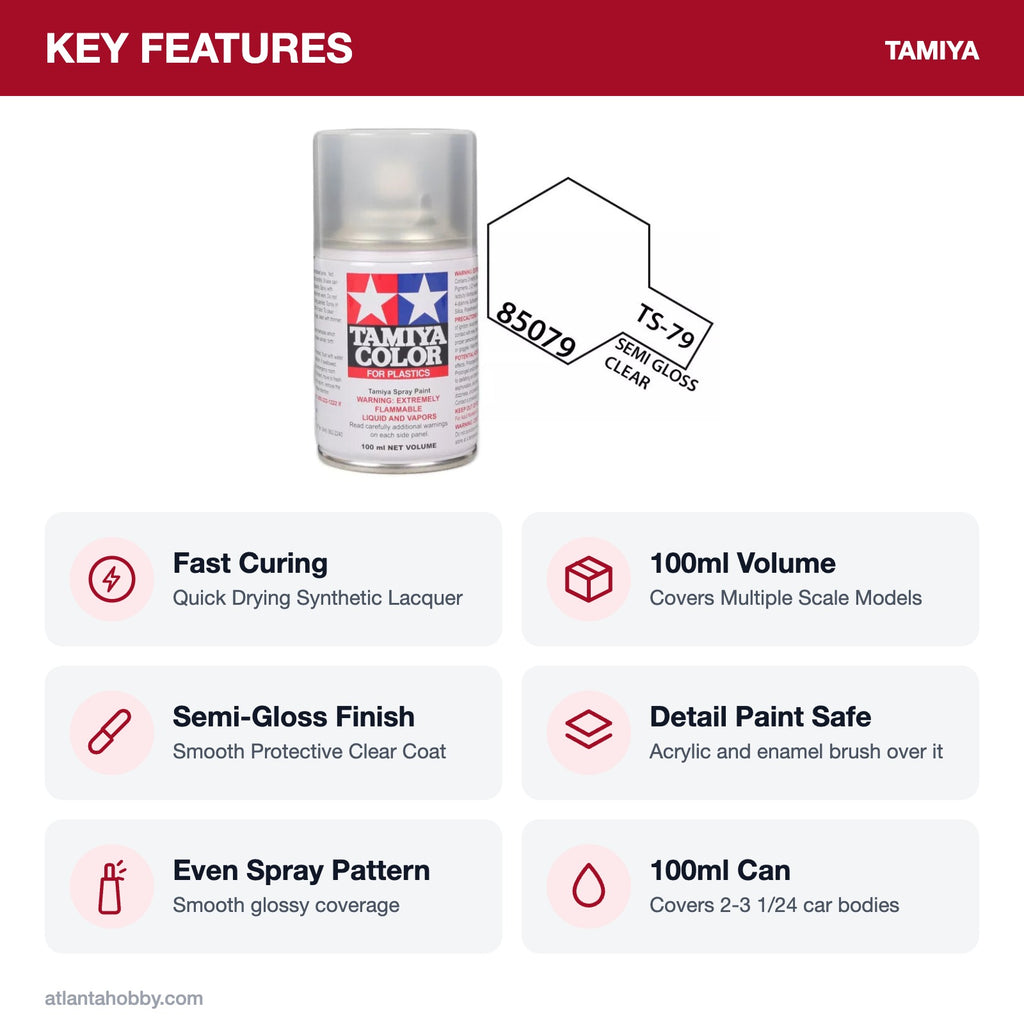 Tamiya TS-79 Semi Gloss Clear Lacquer Spray Paint, 100ml key features