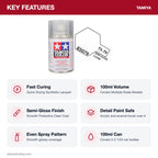 Tamiya TS-79 Semi Gloss Clear Lacquer Spray Paint, 100ml key features