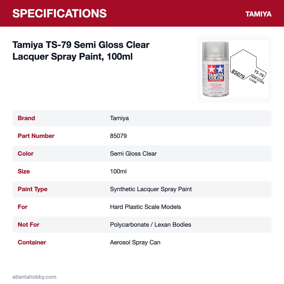 Tamiya TS-79 Semi Gloss Clear Lacquer Spray Paint, 100ml specifications