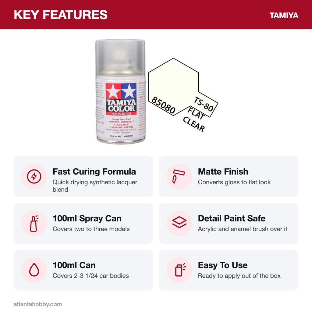 Tamiya TS-80 Flat Clear Lacquer Spray Paint, 100ml key features