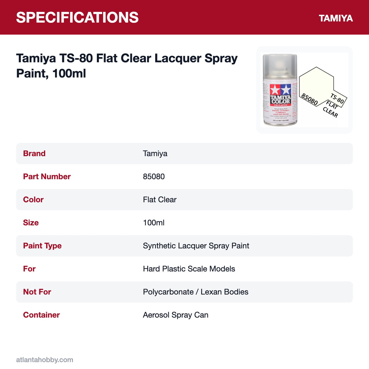 Tamiya TS-80 Flat Clear Lacquer Spray Paint, 100ml specifications