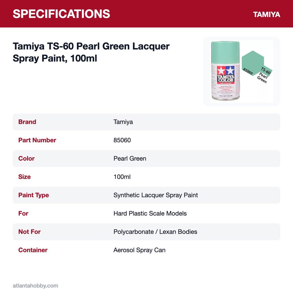 Tamiya TS-60 Pearl Green Lacquer Spray Paint, 100ml specifications