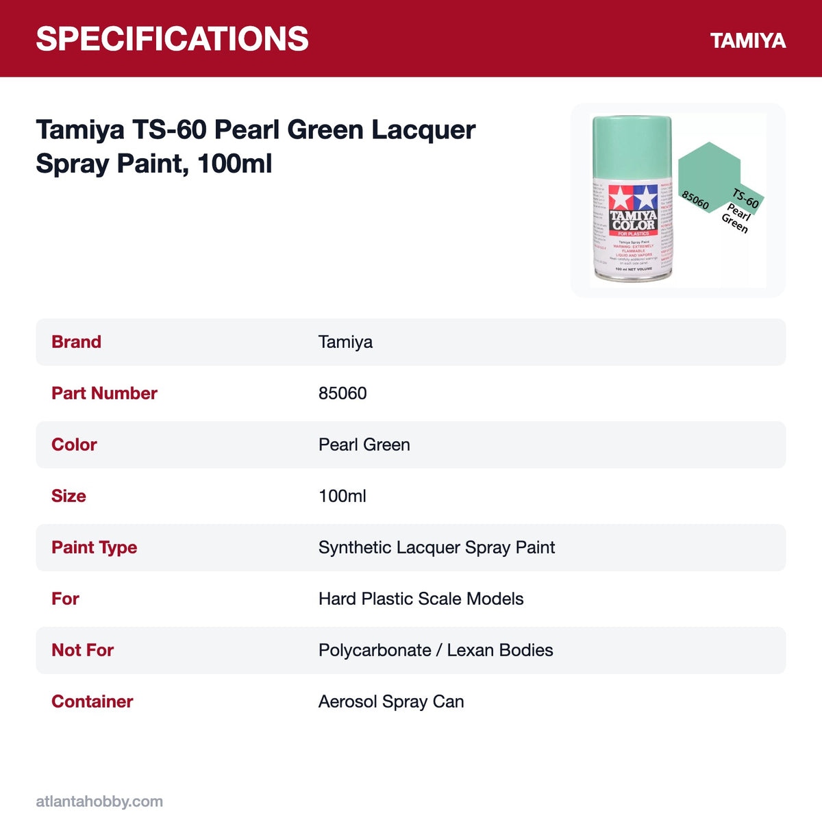 Tamiya TS-60 Pearl Green Lacquer Spray Paint, 100ml specifications