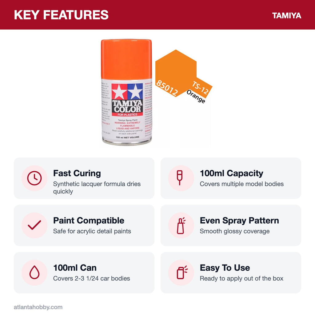 Tamiya TS-12 Orange Lacquer Spray Paint, 100ml key features