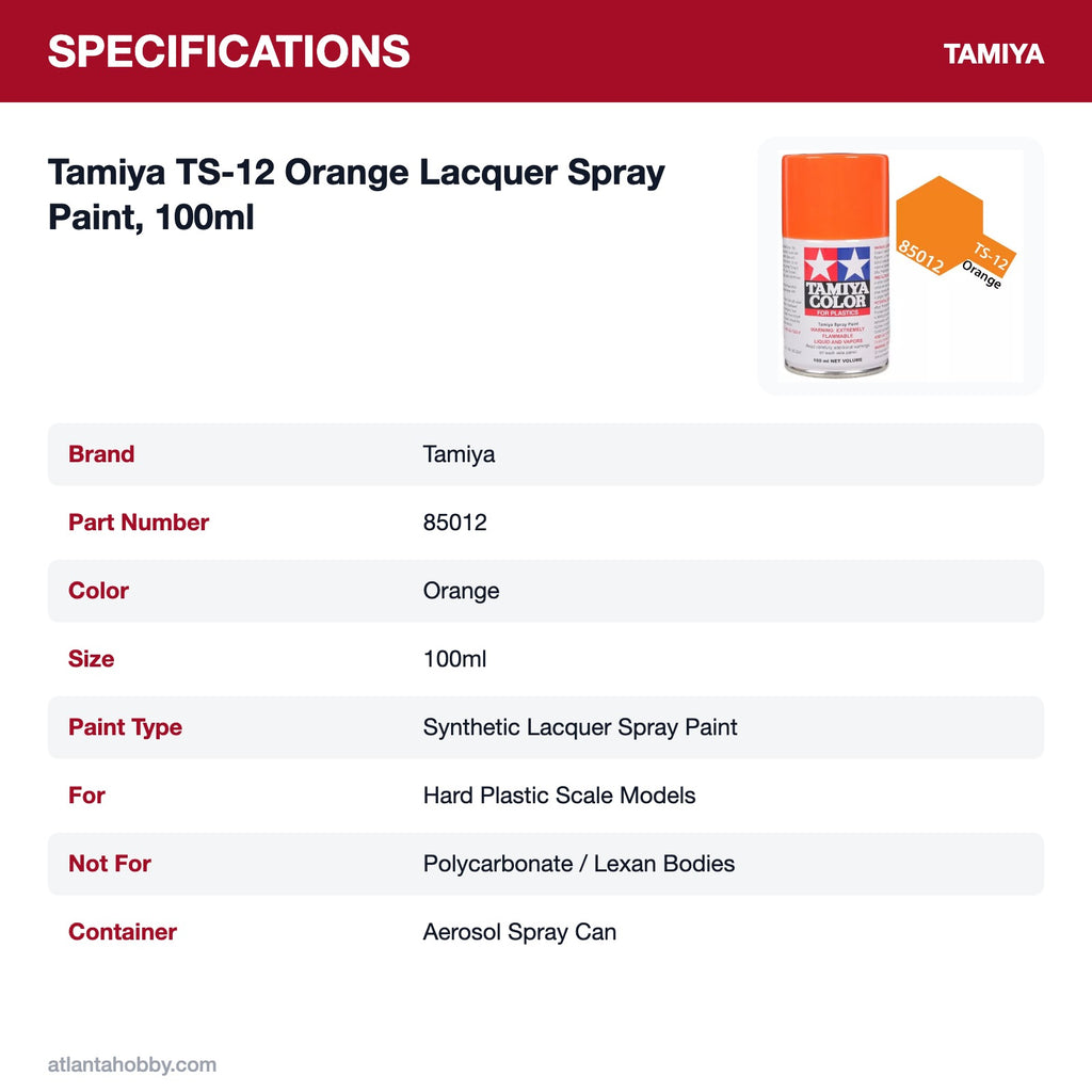 Tamiya TS-12 Orange Lacquer Spray Paint, 100ml specifications