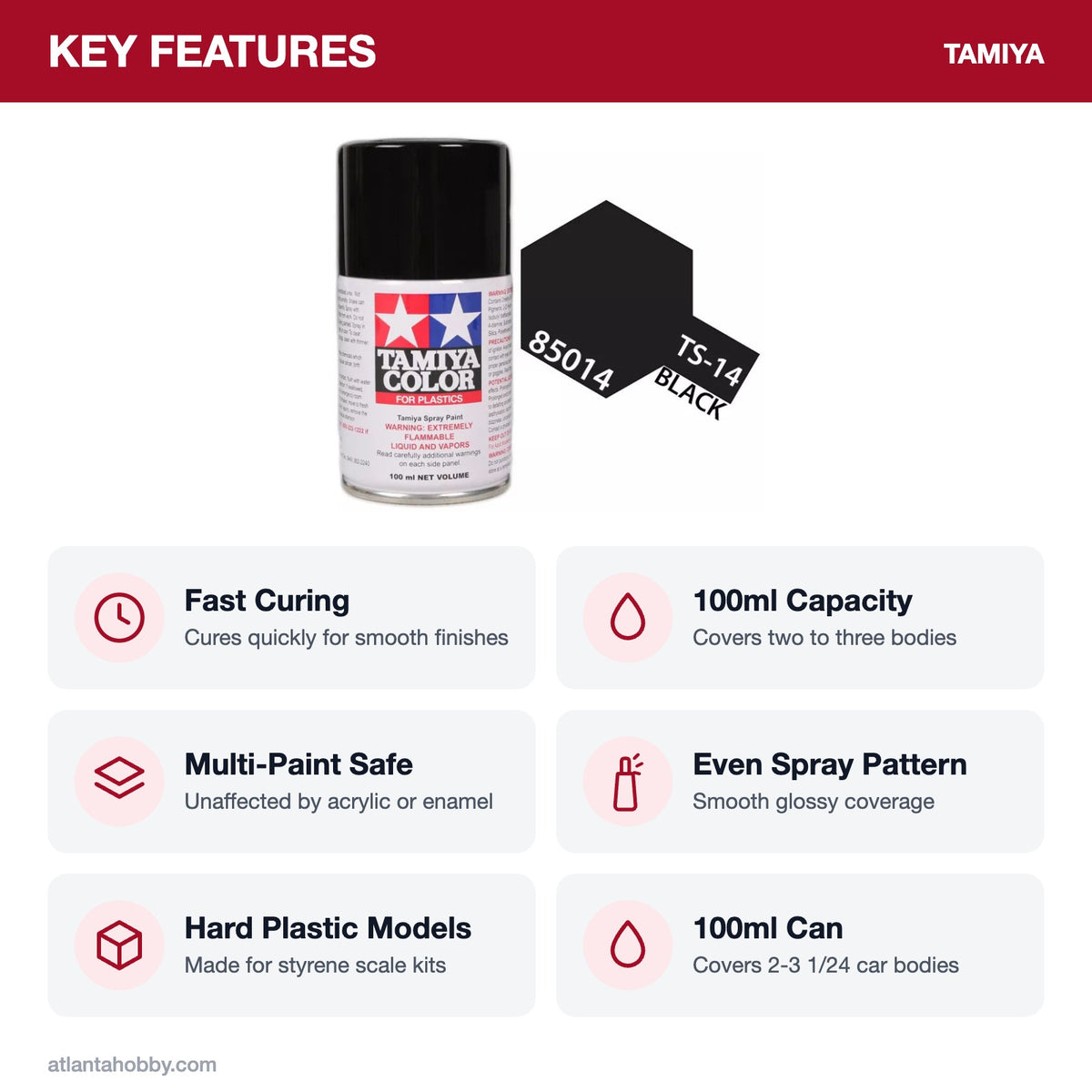 Tamiya TS-14 Black Lacquer Spray Paint, 100ml key features