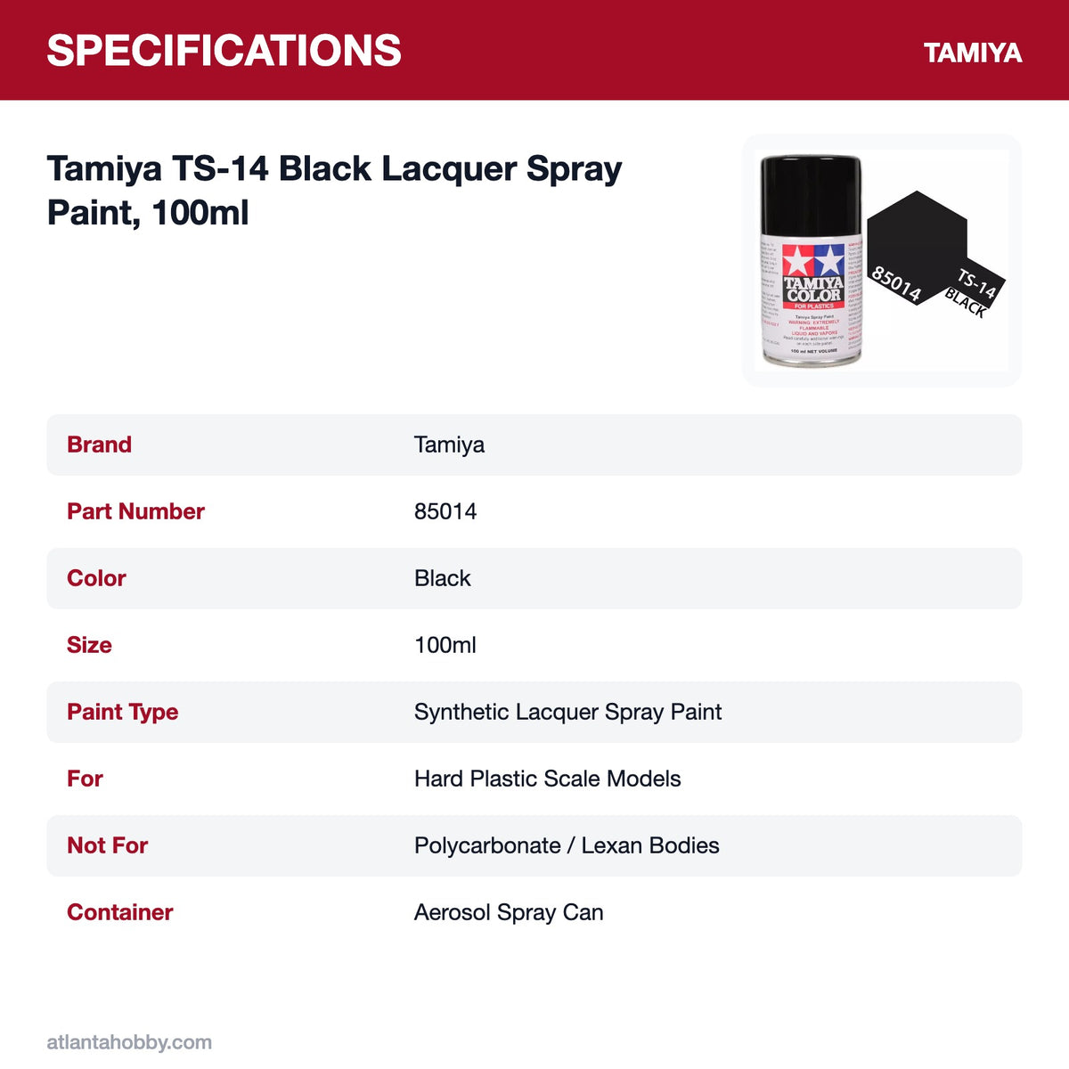 Tamiya TS-14 Black Lacquer Spray Paint, 100ml specifications