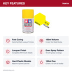 Tamiya TS-16 Yellow Lacquer Spray Paint, 100ml key features