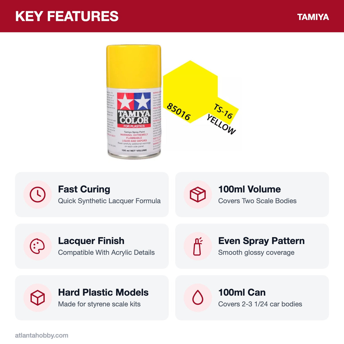 Tamiya TS-16 Yellow Lacquer Spray Paint, 100ml key features