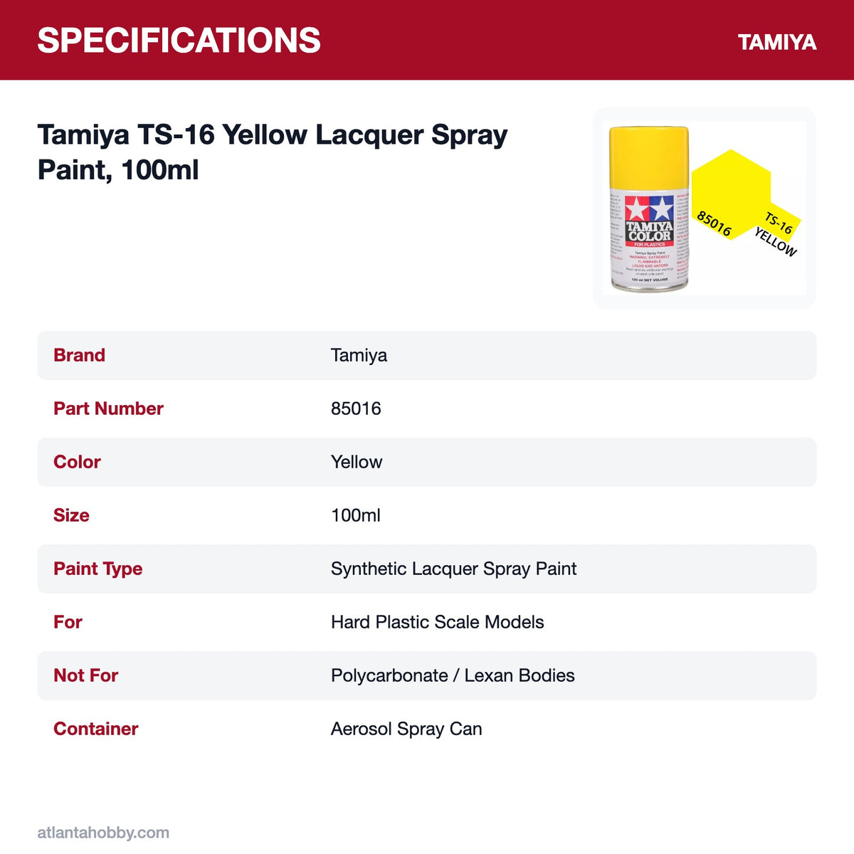Tamiya TS-16 Yellow Lacquer Spray Paint, 100ml specifications