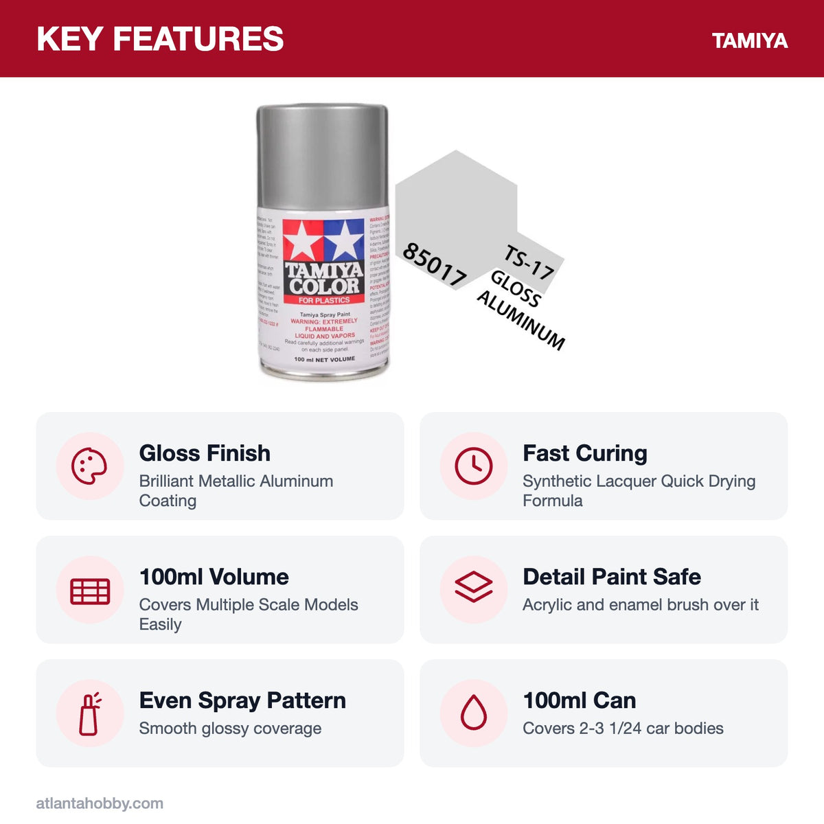 Tamiya TS-17 Gloss Aluminum Lacquer Spray Paint, 100ml key features