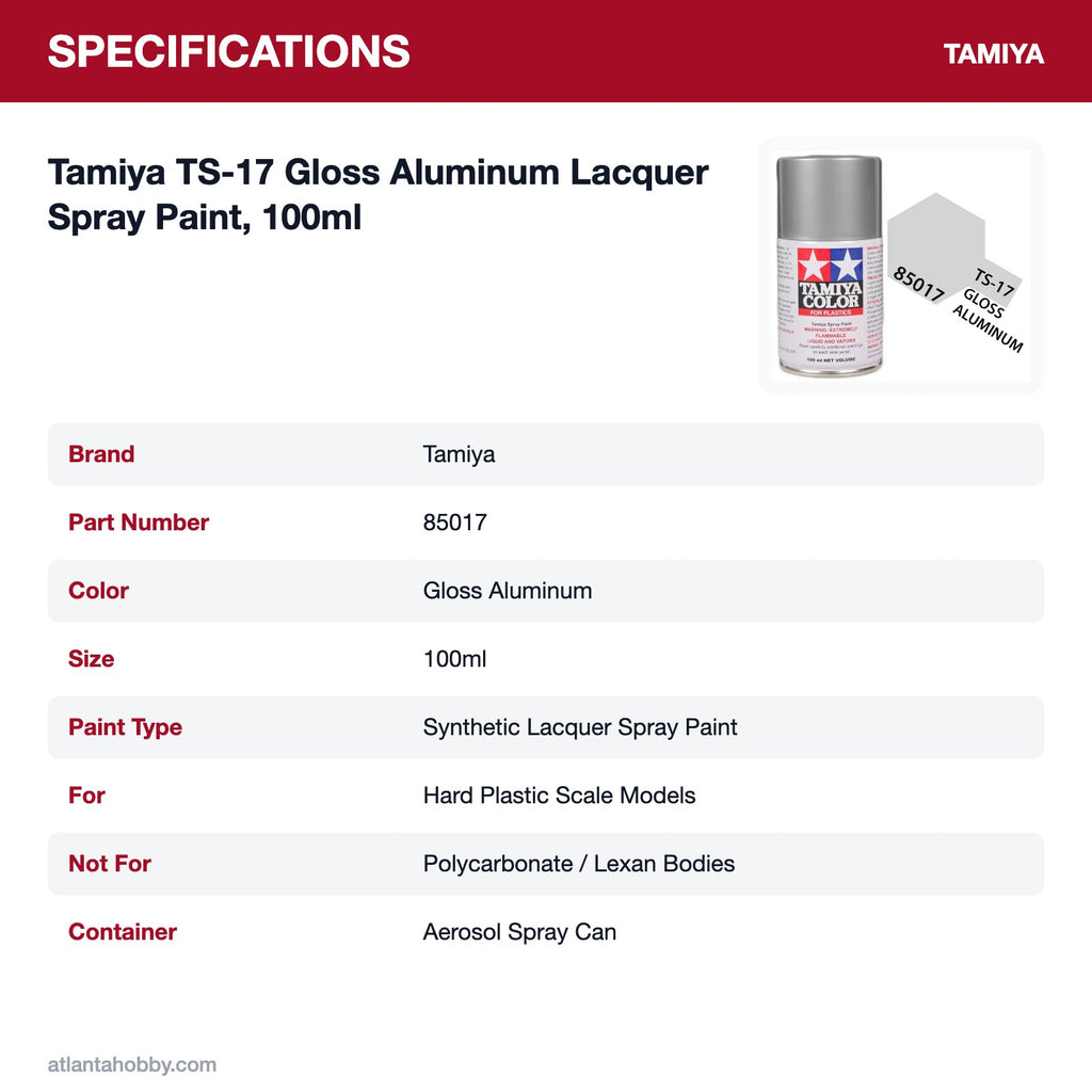 Tamiya TS-17 Gloss Aluminum Lacquer Spray Paint, 100ml specifications