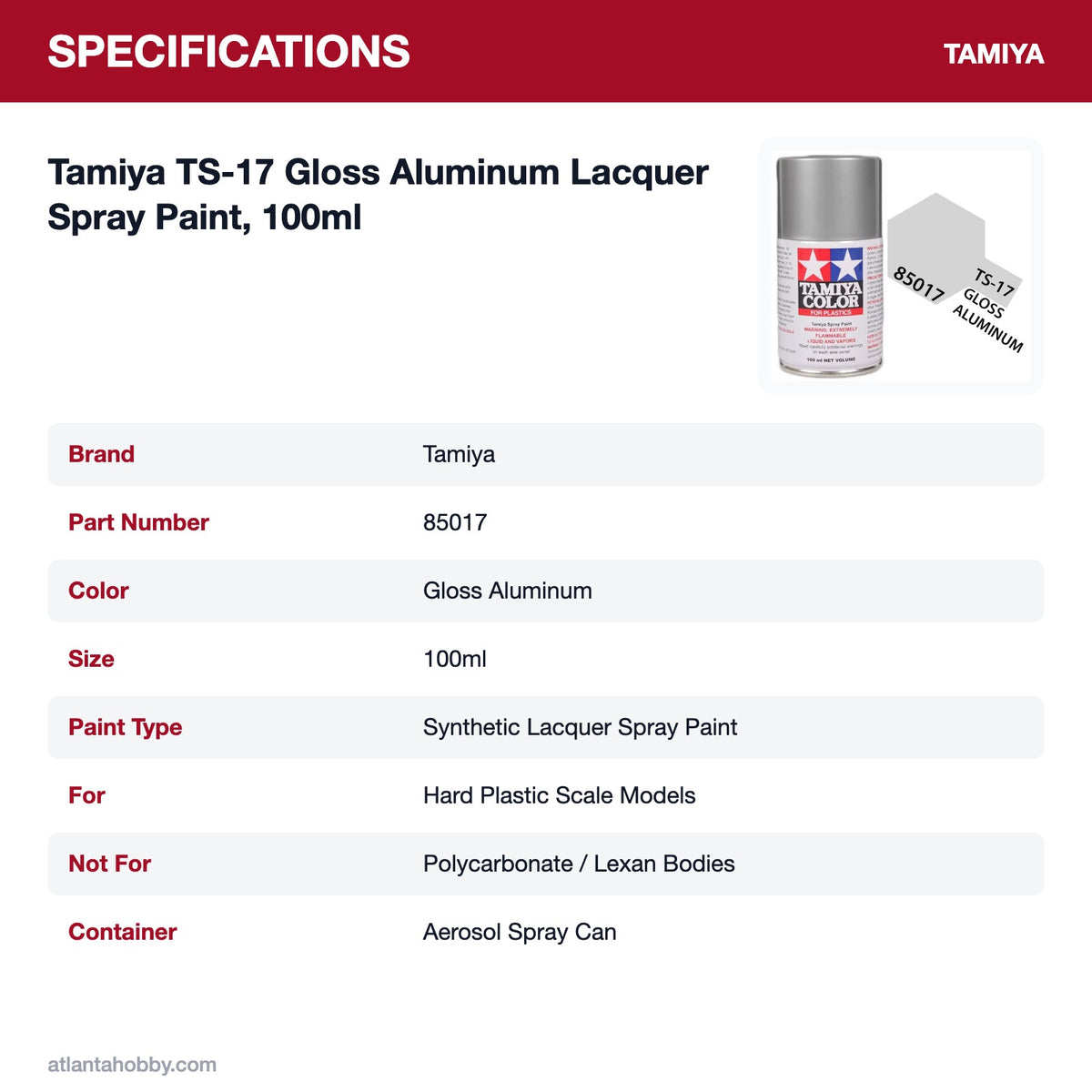 Tamiya TS-17 Gloss Aluminum Lacquer Spray Paint, 100ml specifications