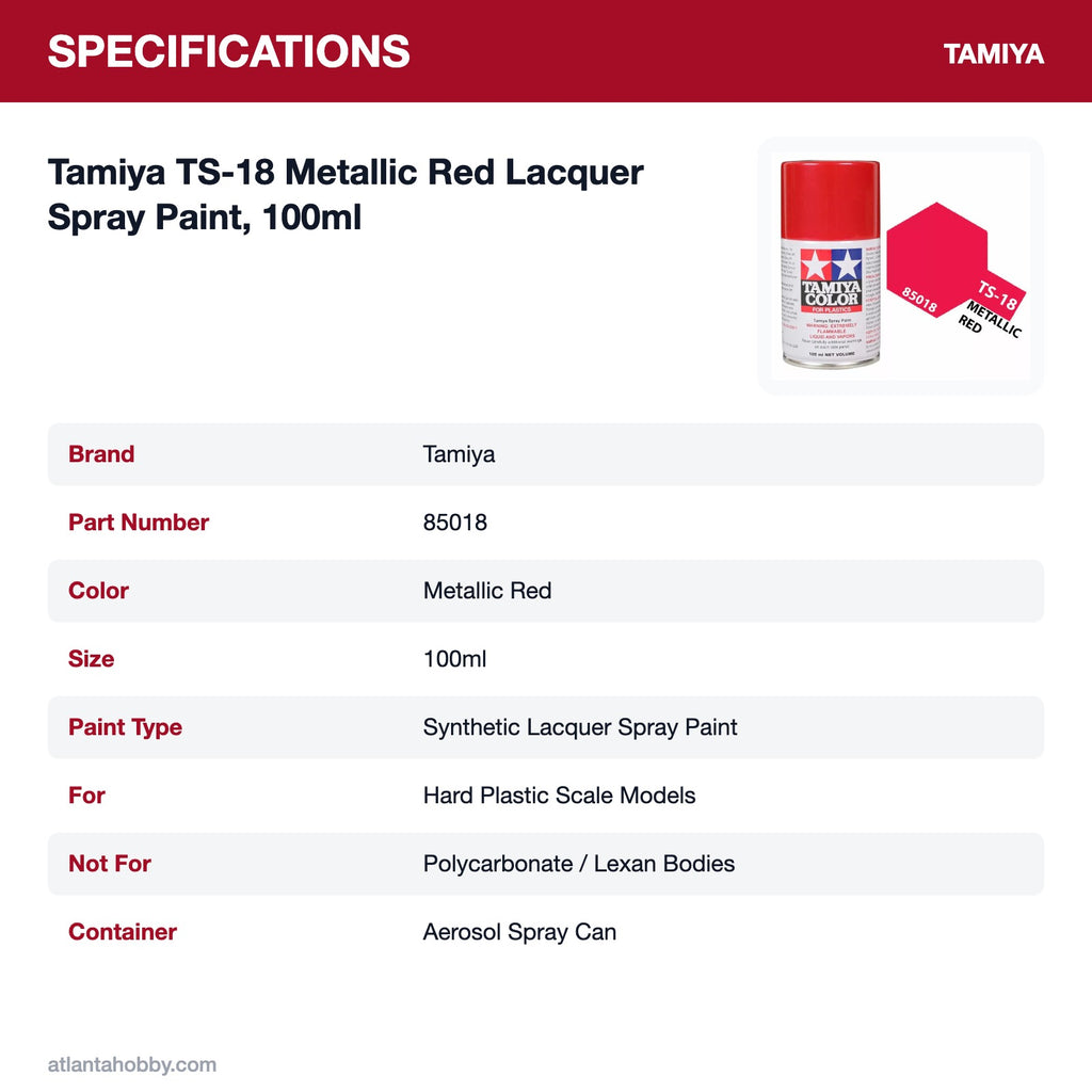 Tamiya TS-18 Metallic Red Lacquer Spray Paint, 100ml specifications