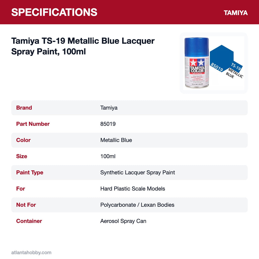 Tamiya TS-19 Metallic Blue Lacquer Spray Paint, 100ml specifications