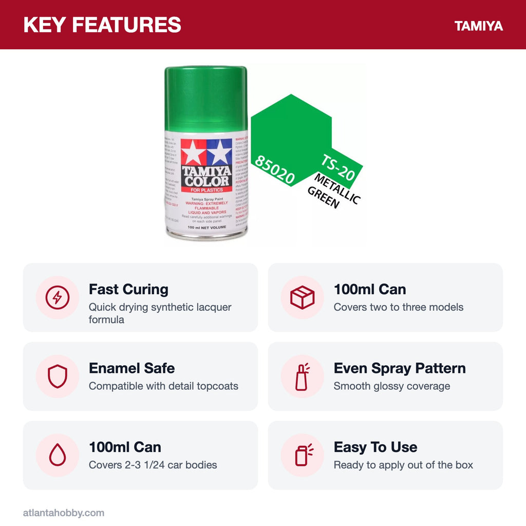 Tamiya TS-20 Metal Green Lacquer Spray Paint, 100ml key features