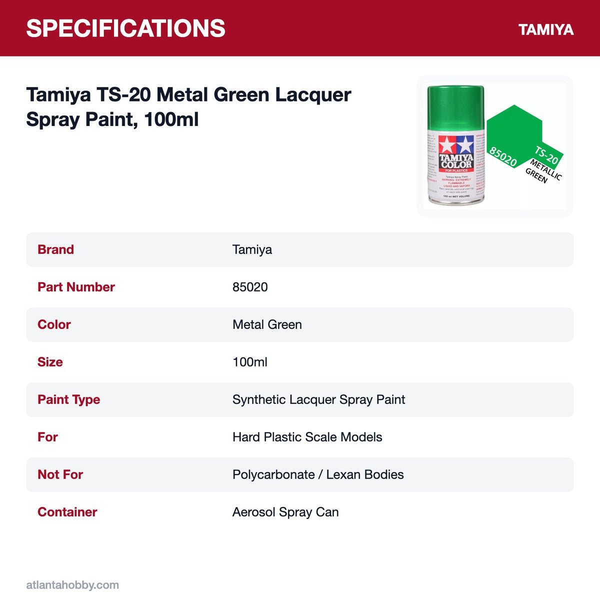 Tamiya TS-20 Metal Green Lacquer Spray Paint, 100ml specifications