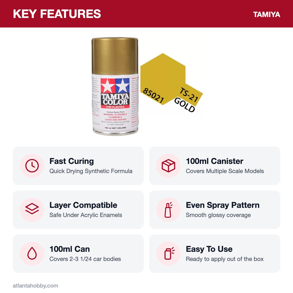 Tamiya TS-21 Gold Lacquer Spray Paint, 100ml key features
