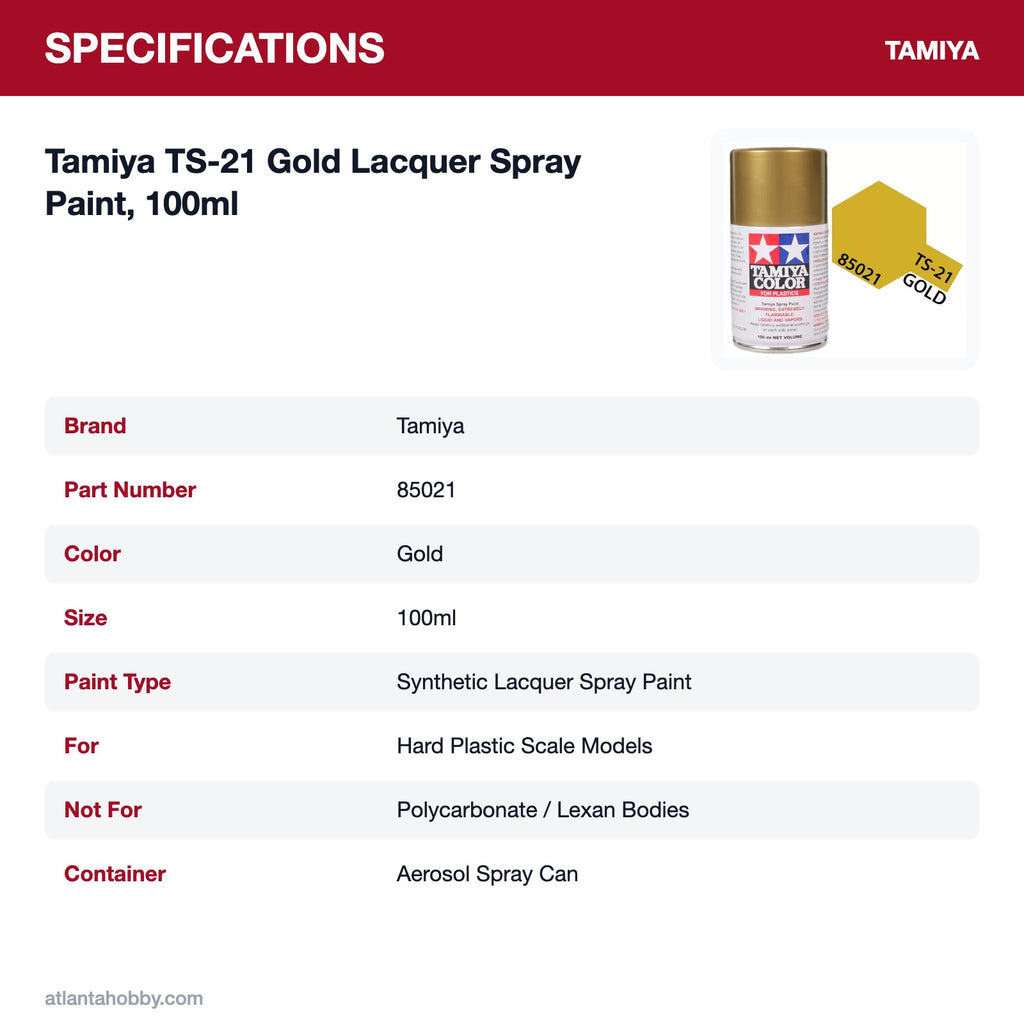 Tamiya TS-21 Gold Lacquer Spray Paint, 100ml specifications