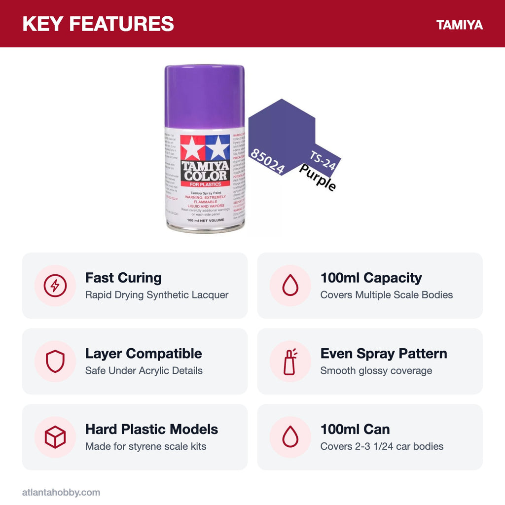 Tamiya TS-24 Purple Lacquer Spray Paint, 100ml key features