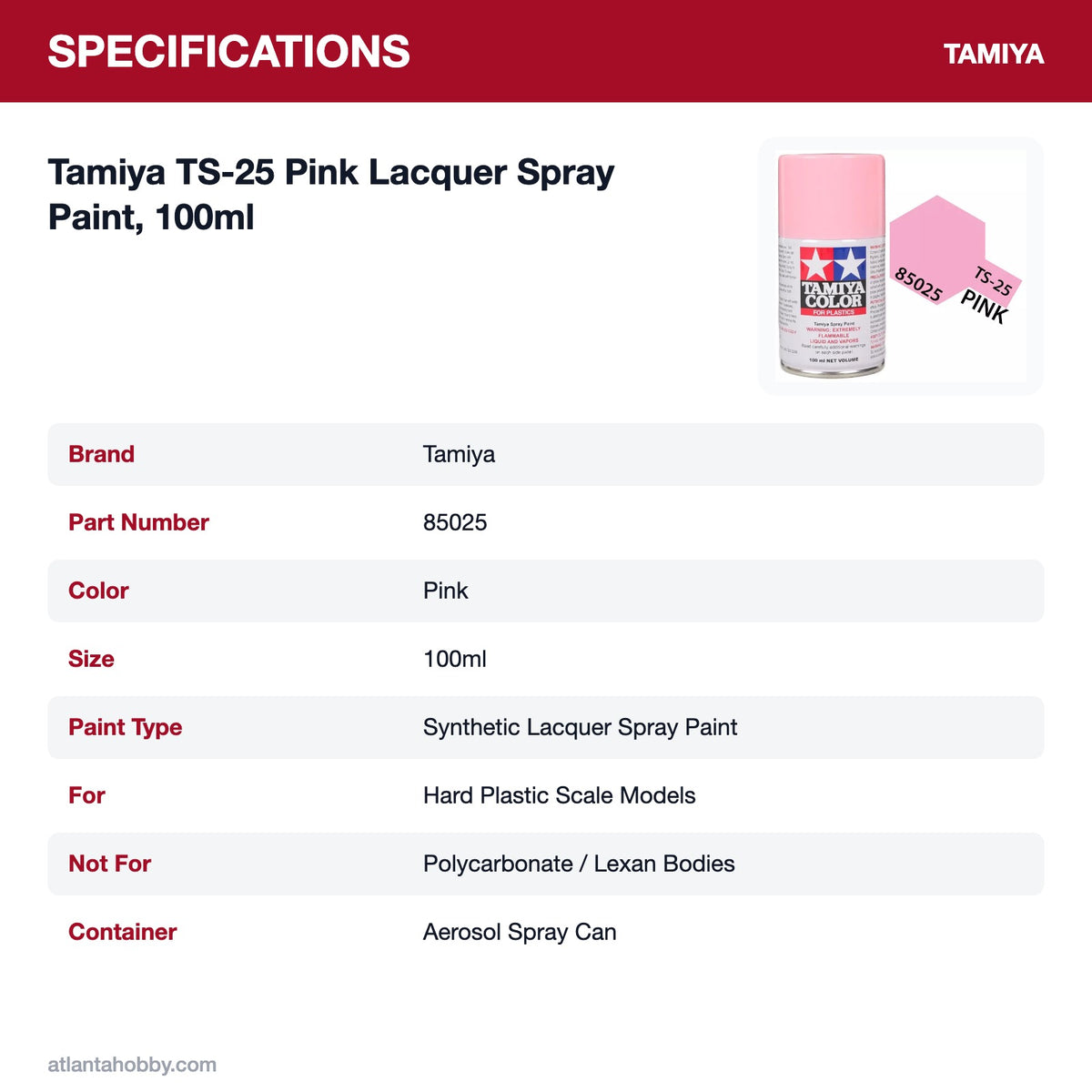 Tamiya TS-25 Pink Lacquer Spray Paint, 100ml specifications