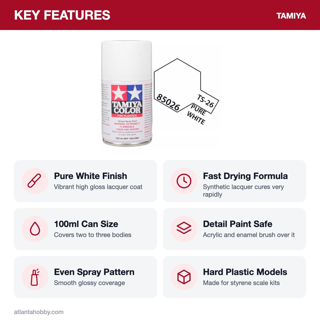 Tamiya TS-26 Pure White Lacquer Spray Paint, 100ml key features