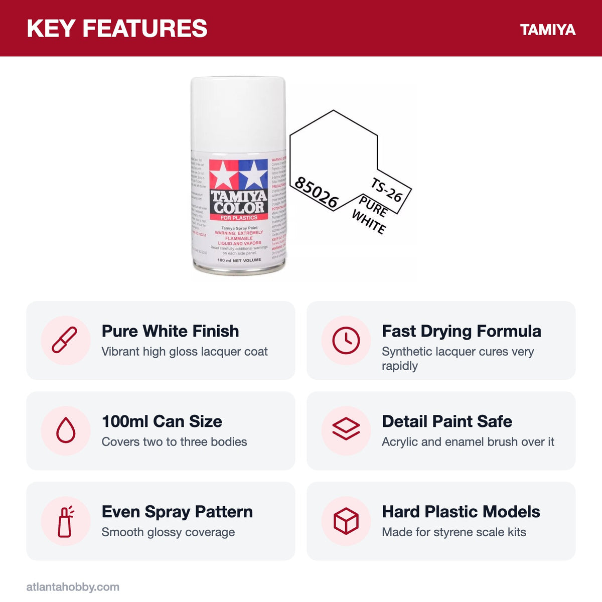 Tamiya TS-26 Pure White Lacquer Spray Paint, 100ml key features