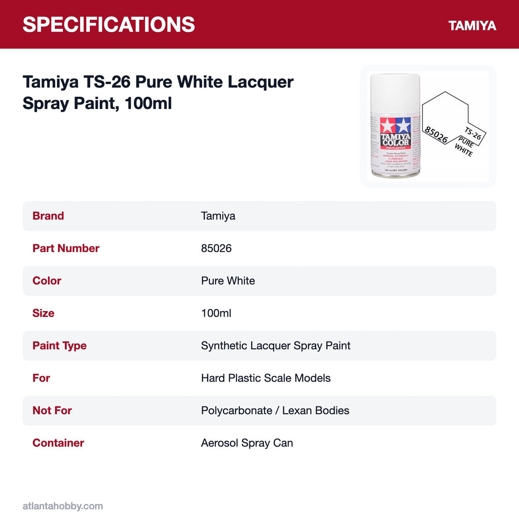 Tamiya TS-26 Pure White Lacquer Spray Paint, 100ml specifications