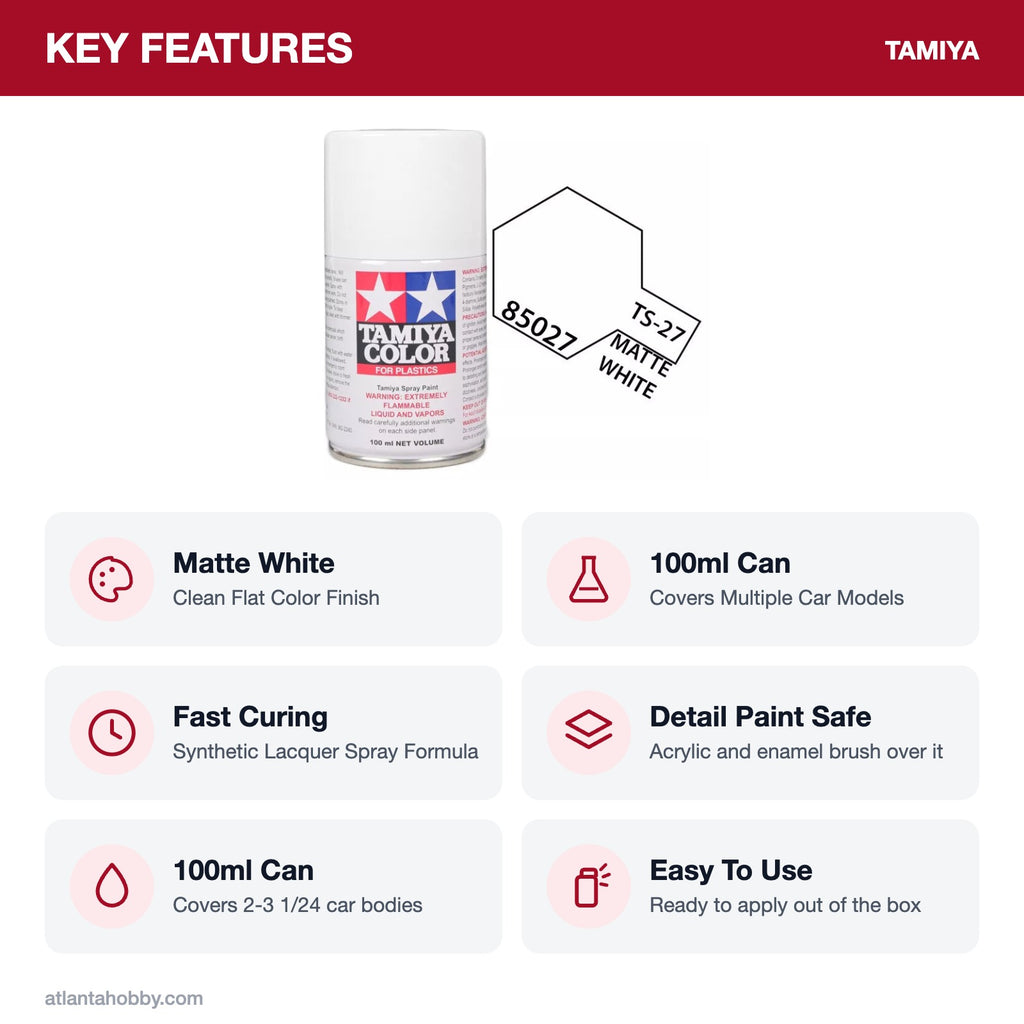 Tamiya TS-27 Matte White Lacquer Spray Paint, 100ml key features