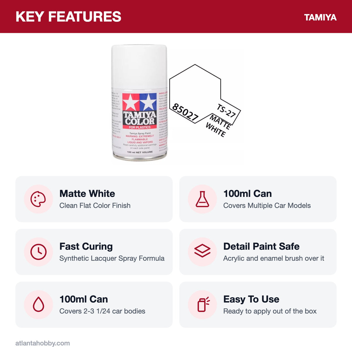 Tamiya TS-27 Matte White Lacquer Spray Paint, 100ml key features