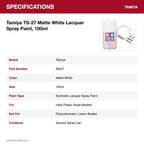 Tamiya TS-27 Matte White Lacquer Spray Paint, 100ml specifications