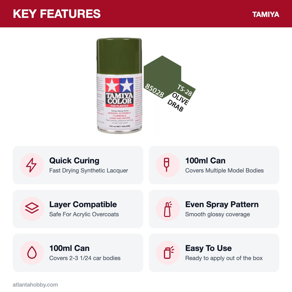 Tamiya TS-28 Olive Drab Lacquer Spray Paint, 100ml key features