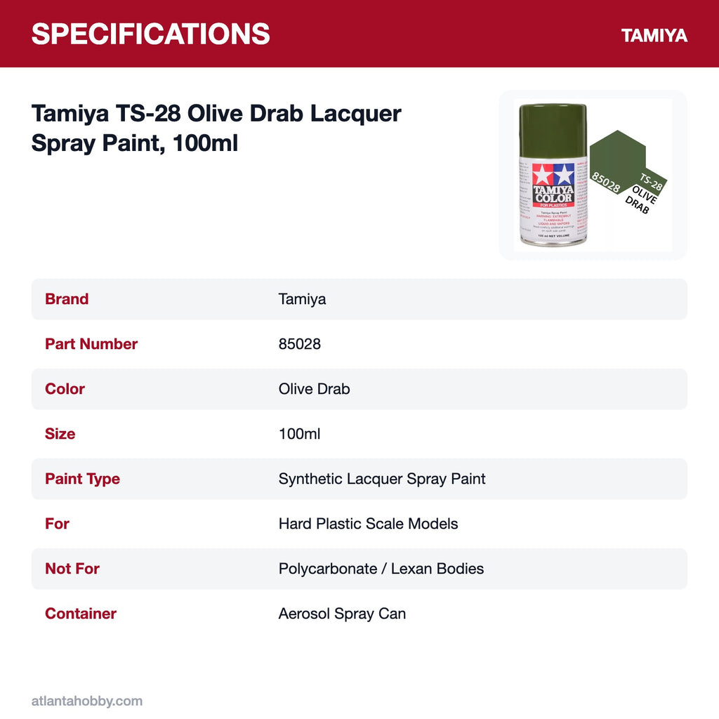 Tamiya TS-28 Olive Drab Lacquer Spray Paint, 100ml specifications