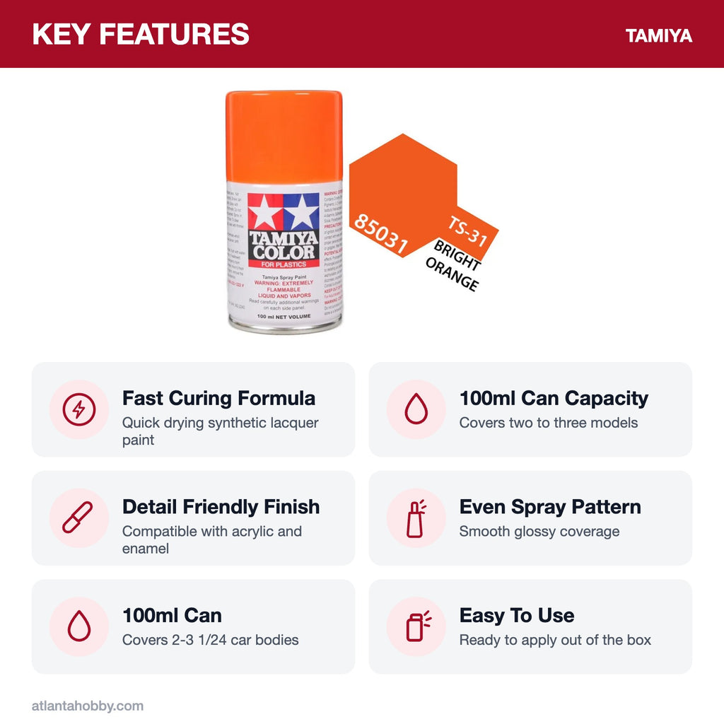 Tamiya TS-31 Bright Orange Lacquer Spray Paint, 100ml key features