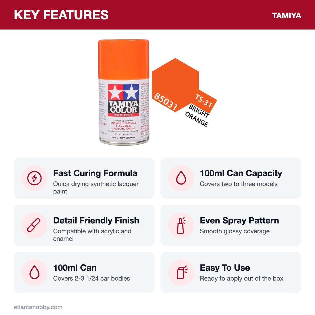 Tamiya TS-31 Bright Orange Lacquer Spray Paint, 100ml key features