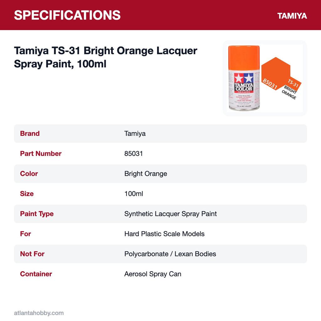 Tamiya TS-31 Bright Orange Lacquer Spray Paint, 100ml specifications