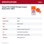 Tamiya TS-31 Bright Orange Lacquer Spray Paint, 100ml specifications