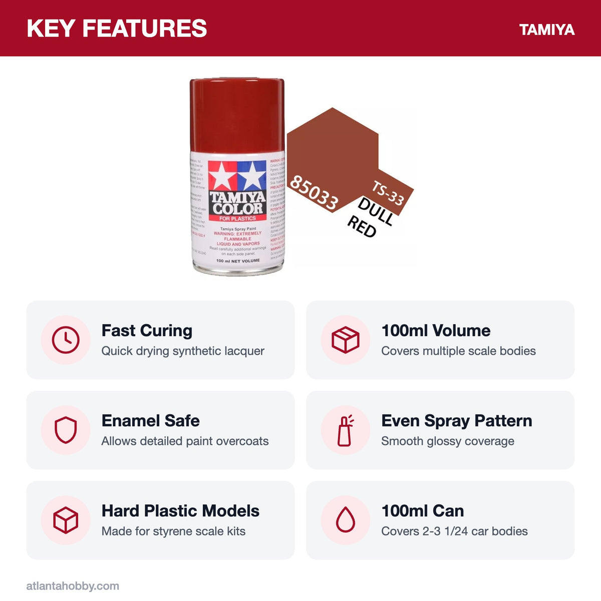 Tamiya TS-33 Dull Red Lacquer Spray Paint, 100ml key features