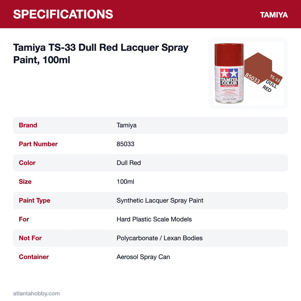 Tamiya TS-33 Dull Red Lacquer Spray Paint, 100ml specifications