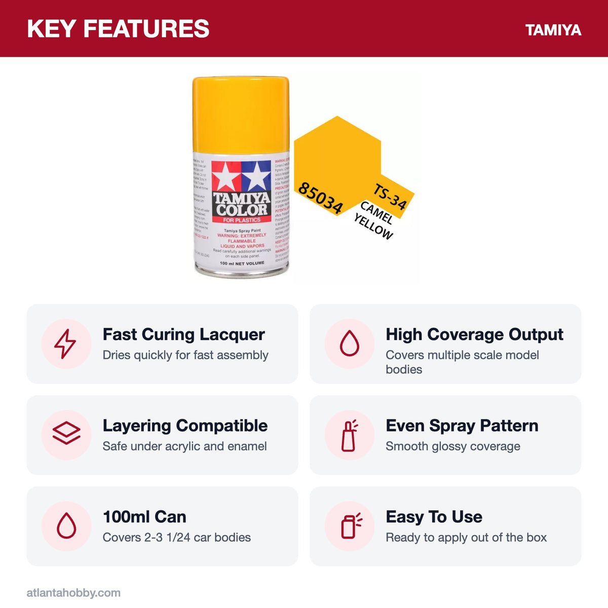 Tamiya TS-34 Camel Yellow Lacquer Spray Paint, 100ml key features