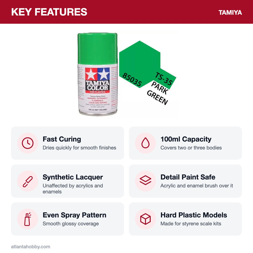 Tamiya TS-35 Park Green Lacquer Spray Paint, 100ml key features