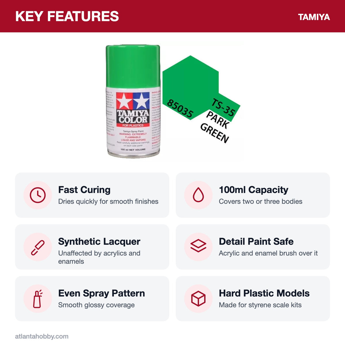 Tamiya TS-35 Park Green Lacquer Spray Paint, 100ml key features
