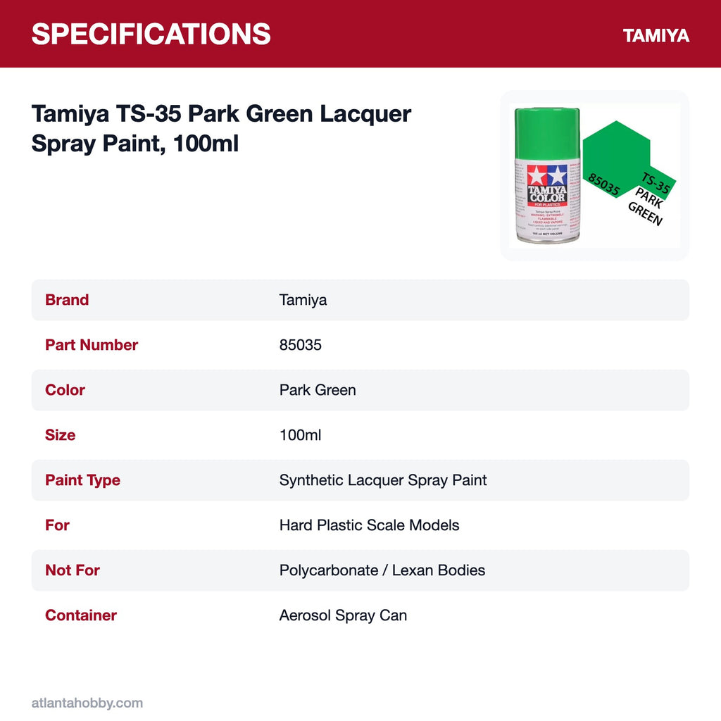 Tamiya TS-35 Park Green Lacquer Spray Paint, 100ml specifications
