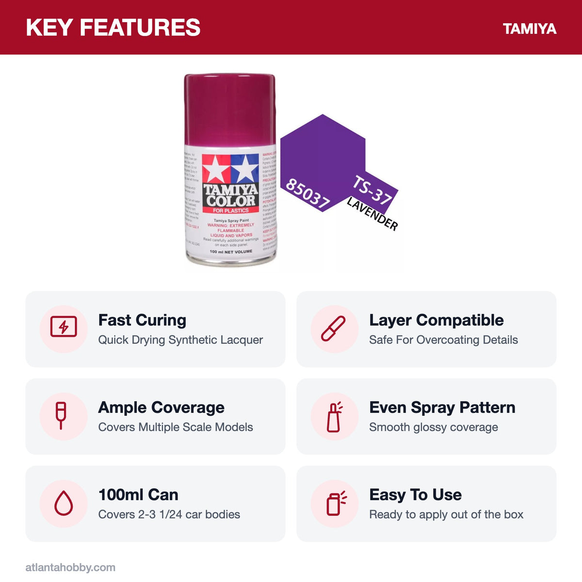 Tamiya TS-37 Lavender Lacquer Spray Paint, 100ml key features